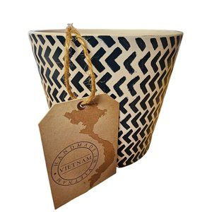 Chevron Blue White Planter Flower Pot Handmade in Vietnam Home Decor 5"